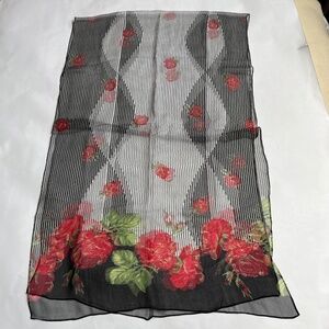100% Silk Scarf Red Roses Black & White Stripes 21" x 70"  Floral